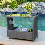 Outdoor Rattan Bar Cart with Removable Ice Bucket, Tempered Glass Top & Wheels, Mobile Beverage Serving Cart with Aluminum Frame