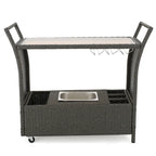 Outdoor Rattan Bar Cart with Removable Ice Bucket, Tempered Glass Top & Wheels, Mobile Beverage Serving Cart with Aluminum Frame