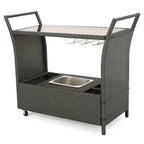 Outdoor Rattan Bar Cart with Removable Ice Bucket, Tempered Glass Top & Wheels, Mobile Beverage Serving Cart with Aluminum Frame