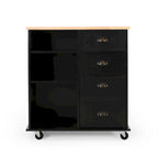 Modern Kitchen Cart with Rubberwood Top, Cabinet Storage, Two Drawers, Three Open Shelves and Lockable Rolling Casters