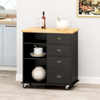 Modern Kitchen Cart with Rubberwood Top, Cabinet Storage, Two Drawers, Three Open Shelves and Lockable Rolling Casters