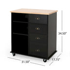 Modern Kitchen Cart with Rubberwood Top, Cabinet Storage, Two Drawers, Three Open Shelves and Lockable Rolling Casters