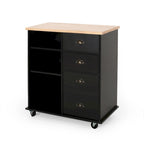 Modern Kitchen Cart with Rubberwood Top, Cabinet Storage, Two Drawers, Three Open Shelves and Lockable Rolling Casters
