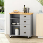 Modern Kitchen Cart with Rubberwood Top, Cabinet Storage, Two Drawers, Three Open Shelves and Lockable Rolling Casters