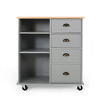 Modern Kitchen Cart with Rubberwood Top, Cabinet Storage, Two Drawers, Three Open Shelves and Lockable Rolling Casters