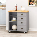 Modern Kitchen Cart with Rubberwood Top, Cabinet Storage, Two Drawers, Three Open Shelves and Lockable Rolling Casters