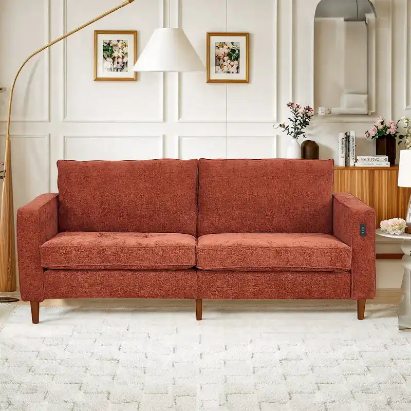 Modern 82 in. Square Arm Chenille Upholstered Rectangle Loveseat Sofa with USB Ports