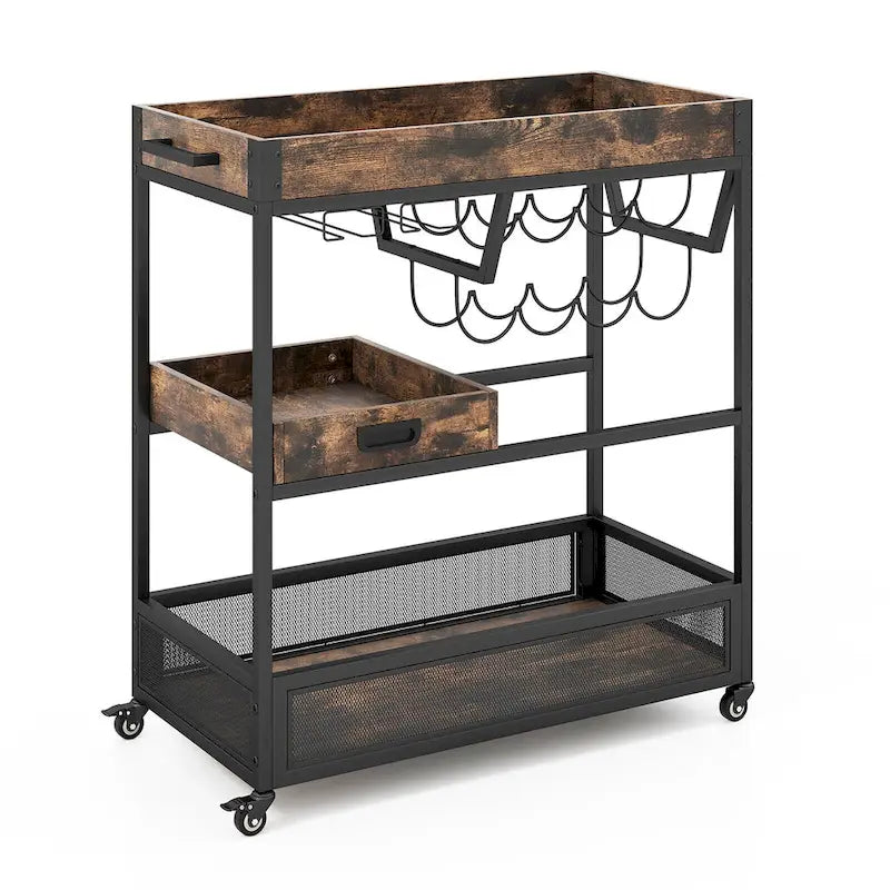 Gymax Rolling Bar Cart 3-Tier Industrial Buffet Serving Trolley w/