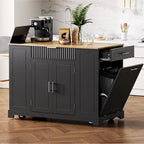 Fluted Kitchen Island with Trash Can Storage Cabinet, Power Outlet, Rolling Kitchen Islands on 5 Wheels with 3 Open Side Racks
