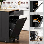 Fluted Kitchen Island with Trash Can Storage Cabinet, Power Outlet, Rolling Kitchen Islands on 5 Wheels with 3 Open Side Racks