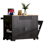 Fluted Kitchen Island with Trash Can Storage Cabinet, Power Outlet, Rolling Kitchen Islands on 5 Wheels with 3 Open Side Racks