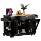 Fluted Kitchen Island with Trash Can Storage Cabinet, Power Outlet, Rolling Kitchen Islands on 5 Wheels with 3 Open Side Racks