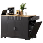 Fluted Kitchen Island with Trash Can Storage Cabinet, Power Outlet, Rolling Kitchen Islands on 5 Wheels with 3 Open Side Racks