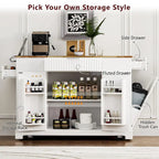 Fluted Kitchen Island with Trash Can Storage Cabinet, Power Outlet, Rolling Kitchen Islands on 5 Wheels with 3 Open Side Racks