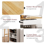 Fluted Kitchen Island with Trash Can Storage Cabinet, Power Outlet, Rolling Kitchen Islands on 5 Wheels with 3 Open Side Racks