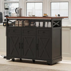 46.5 Farmhouse Kitchen Island w/Beaded Drape, Power Outlet, Drop Leaf, 3 Doors & Drawers, Iron Shelf, Wheels for Kitchen/Dining