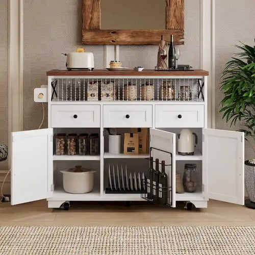 46.5 Farmhouse Kitchen Island w/Beaded Drape, Power Outlet, Drop Leaf, 3 Doors & Drawers, Iron Shelf, Wheels for Kitchen/Dining