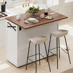 46.5 Farmhouse Kitchen Island w/Beaded Drape, Power Outlet, Drop Leaf, 3 Doors & Drawers, Iron Shelf, Wheels for Kitchen/Dining