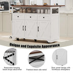 46.5 Farmhouse Kitchen Island w/Beaded Drape, Power Outlet, Drop Leaf, 3 Doors & Drawers, Iron Shelf, Wheels for Kitchen/Dining