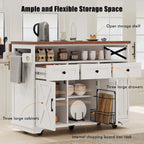 46.5 Farmhouse Kitchen Island w/Beaded Drape, Power Outlet, Drop Leaf, 3 Doors & Drawers, Iron Shelf, Wheels for Kitchen/Dining