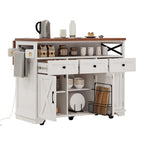 46.5 Farmhouse Kitchen Island w/Beaded Drape, Power Outlet, Drop Leaf, 3 Doors & Drawers, Iron Shelf, Wheels for Kitchen/Dining