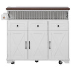 46.5 Farmhouse Kitchen Island w/Beaded Drape, Power Outlet, Drop Leaf, 3 Doors & Drawers, Iron Shelf, Wheels for Kitchen/Dining