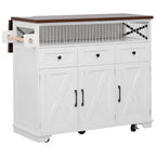 46.5 Farmhouse Kitchen Island w/Beaded Drape, Power Outlet, Drop Leaf, 3 Doors & Drawers, Iron Shelf, Wheels for Kitchen/Dining