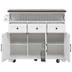 46.5 Farmhouse Kitchen Island w/Beaded Drape, Power Outlet, Drop Leaf, 3 Doors & Drawers, Iron Shelf, Wheels for Kitchen/Dining