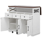 46.5 Farmhouse Kitchen Island w/Beaded Drape, Power Outlet, Drop Leaf, 3 Doors & Drawers, Iron Shelf, Wheels for Kitchen/Dining