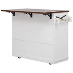 46.5 Farmhouse Kitchen Island w/Beaded Drape, Power Outlet, Drop Leaf, 3 Doors & Drawers, Iron Shelf, Wheels for Kitchen/Dining