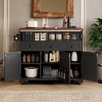 46.5 Farmhouse Kitchen Island w/Beaded Drape, Power Outlet, Drop Leaf, 3 Doors & Drawers, Iron Shelf, Wheels for Kitchen/Dining