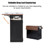 46.5 Farmhouse Kitchen Island w/Beaded Drape, Power Outlet, Drop Leaf, 3 Doors & Drawers, Iron Shelf, Wheels for Kitchen/Dining