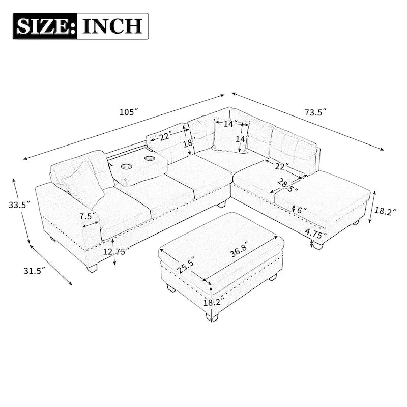 Grey 105 L-Shaped 7-Seat Modern Sectional Sofa with 2 Cushions, Reversible Chaise, Storage Ottoman, and Cup Holders