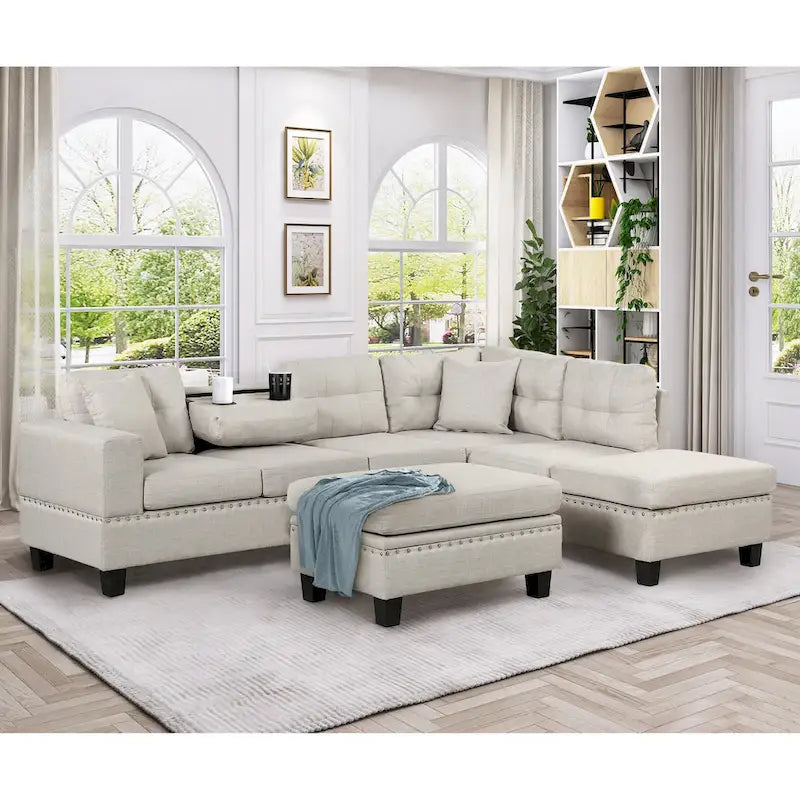 Grey 105 L-Shaped 7-Seat Modern Sectional Sofa with 2 Cushions, Reversible Chaise, Storage Ottoman, and Cup Holders