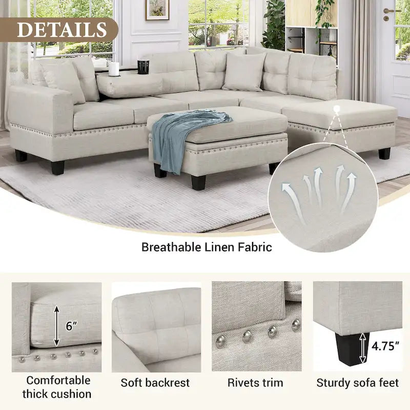 Grey 105 L-Shaped 7-Seat Modern Sectional Sofa with 2 Cushions, Reversible Chaise, Storage Ottoman, and Cup Holders
