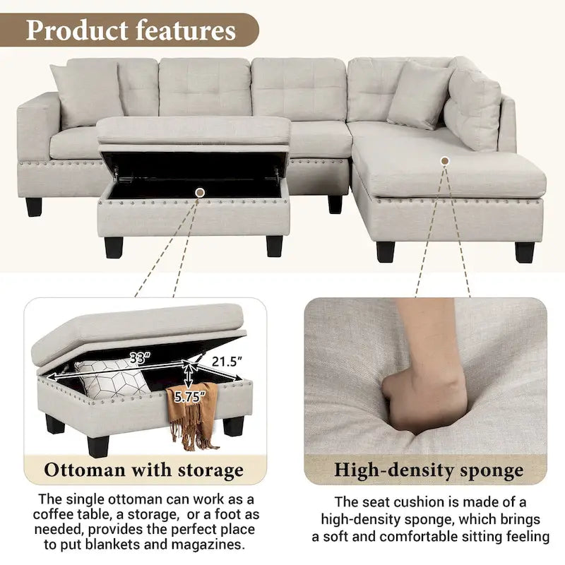 Grey 105 L-Shaped 7-Seat Modern Sectional Sofa with 2 Cushions, Reversible Chaise, Storage Ottoman, and Cup Holders
