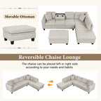 Grey 105 L-Shaped 7-Seat Modern Sectional Sofa with 2 Cushions, Reversible Chaise, Storage Ottoman, and Cup Holders