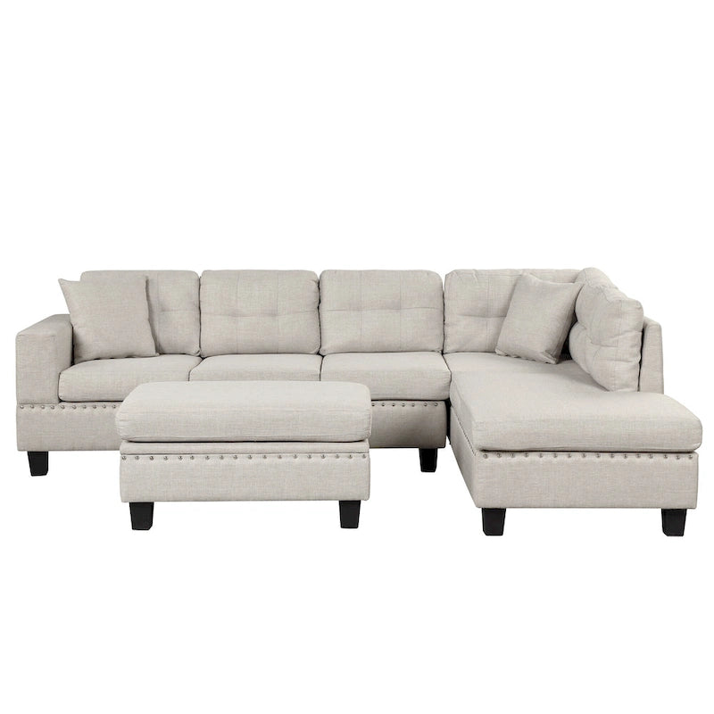 Grey 105 L-Shaped 7-Seat Modern Sectional Sofa with 2 Cushions, Reversible Chaise, Storage Ottoman, and Cup Holders