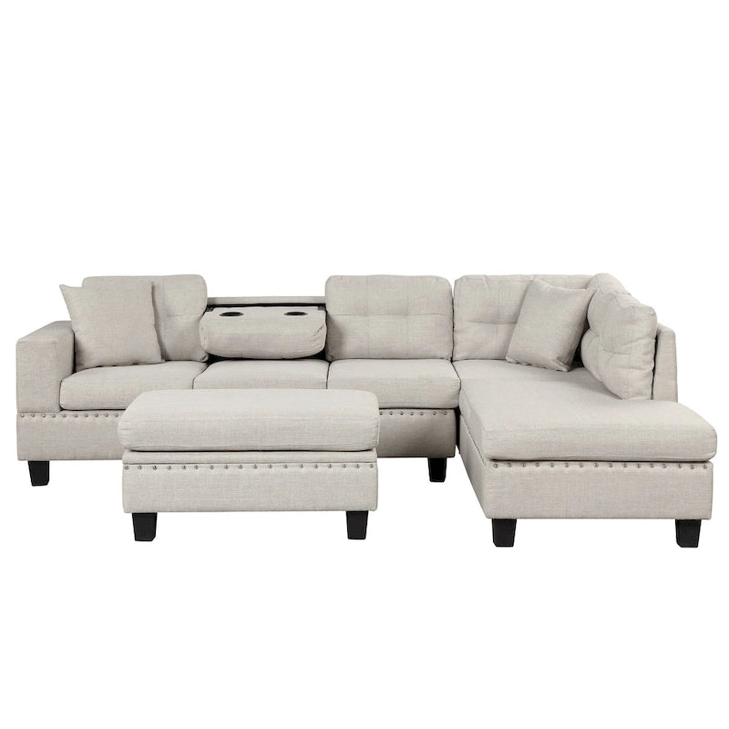 Grey 105 L-Shaped 7-Seat Modern Sectional Sofa with 2 Cushions, Reversible Chaise, Storage Ottoman, and Cup Holders