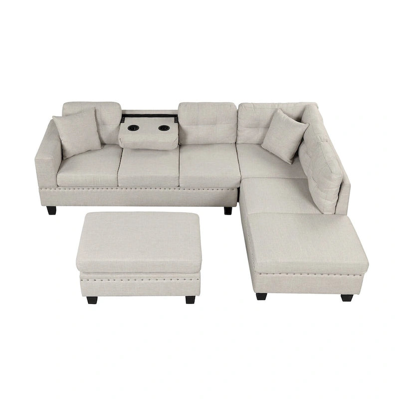 Grey 105 L-Shaped 7-Seat Modern Sectional Sofa with 2 Cushions, Reversible Chaise, Storage Ottoman, and Cup Holders