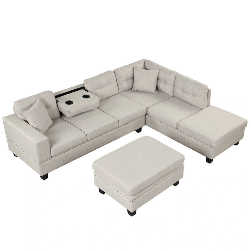 Grey 105 L-Shaped 7-Seat Modern Sectional Sofa with 2 Cushions, Reversible Chaise, Storage Ottoman, and Cup Holders