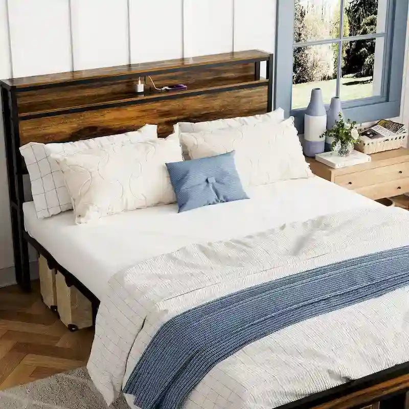 Queen Size Platform Bed with Storage Headboard, LED Light & Charging