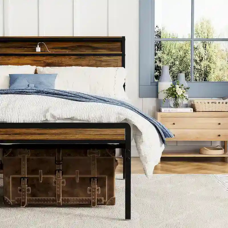 Queen Size Platform Bed with Storage Headboard, LED Light & Charging