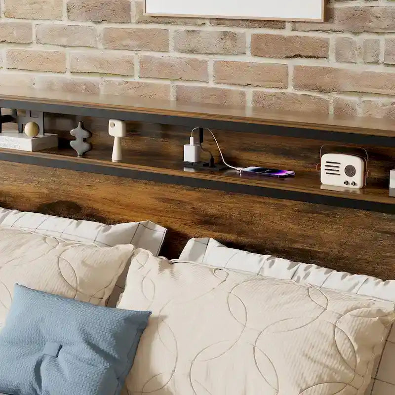 Queen Size Platform Bed with Storage Headboard, LED Light & Charging