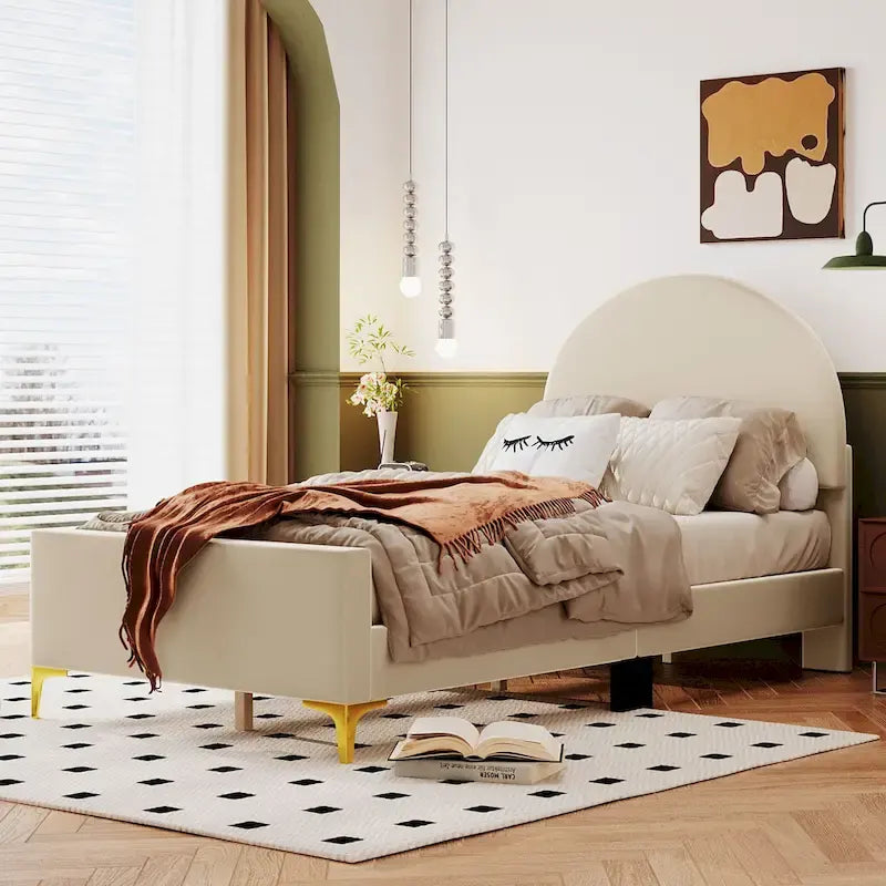 Twin Velvet Platform Bed with Semi-Circle Headboard
