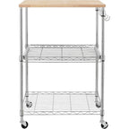 Tier Oak Wood Kitchen Cart with Wheels Slider Shelf and Hooks for Microwave Coffee Storage in Dining Room