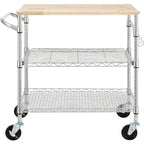 Tier Oak Wood Kitchen Cart with Wheels Slider Shelf and Hooks for Microwave Coffee Storage in Dining Room