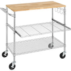 Tier Oak Wood Kitchen Cart with Wheels Slider Shelf and Hooks for Microwave Coffee Storage in Dining Room