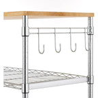Tier Oak Wood Kitchen Cart with Wheels Slider Shelf and Hooks for Microwave Coffee Storage in Dining Room