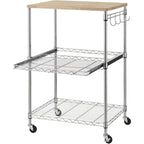 Tier Oak Wood Kitchen Cart with Wheels Slider Shelf and Hooks for Microwave Coffee Storage in Dining Room